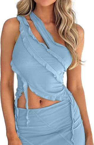 CSDAJIO Women's One Shoulder Cut Out Crop Tops Sleeveless Mesh Ruffle Tank Top Shirt in Kuwait