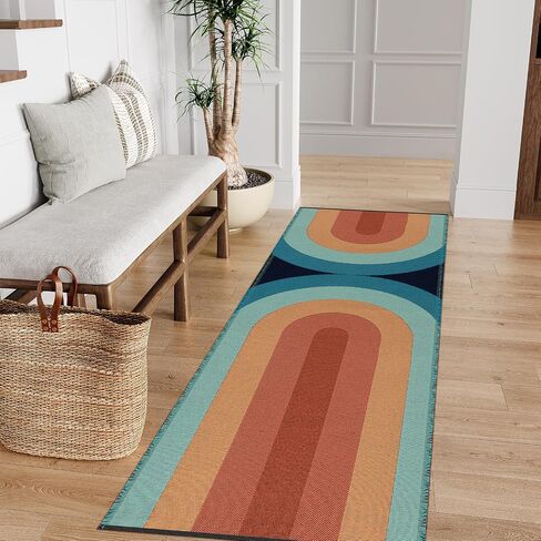 سجادة Lahome Boho Hallway Runner - عداء حمام 2 × 6، عداء منسوج قابل للغسل بألوان قوس قزح لغرفة الغسيل في المدخل، سجاد سجاد قابل للعكس من القطن للممرات وغرفة النوم (2 × 6 أقدام، أزرق) in Saudi Arabia