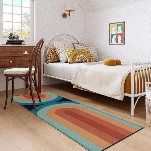 سجادة Lahome Boho Hallway Runner - عداء حمام 2 × 6، عداء منسوج قابل للغسل بألوان قوس قزح لغرفة الغسيل في المدخل، سجاد سجاد قابل للعكس من القطن للممرات وغرفة النوم (2 × 6 أقدام، أزرق) in Saudi Arabia