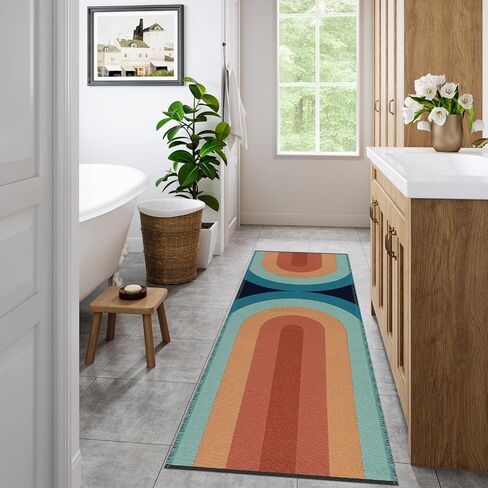 سجادة Lahome Boho Hallway Runner - عداء حمام 2 × 6، عداء منسوج قابل للغسل بألوان قوس قزح لغرفة الغسيل في المدخل، سجاد سجاد قابل للعكس من القطن للممرات وغرفة النوم (2 × 6 أقدام، أزرق) in Saudi Arabia