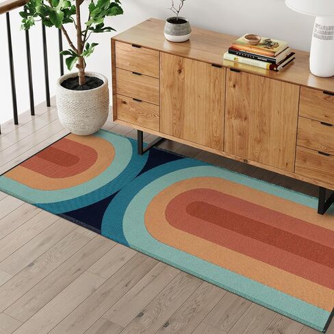 سجادة Lahome Boho Hallway Runner - عداء حمام 2 × 6، عداء منسوج قابل للغسل بألوان قوس قزح لغرفة الغسيل في المدخل، سجاد سجاد قابل للعكس من القطن للممرات وغرفة النوم (2 × 6 أقدام، أزرق) in Saudi Arabia