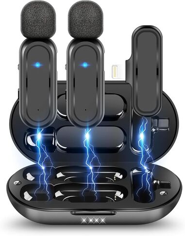 VEVARUN 2 حزمة من ميكروفون Lavalier اللاسلكي لجهاز iPhone iPad مع علبة شحن - مشبك 7H على ميكروفون طية صدر السترة لاسلكي لتسجيل الفيديو، يوتيوب، مقابلة، 3 أوضاع Denoise، 70 قدم in Kuwait