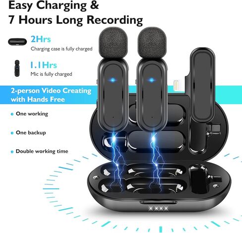 VEVARUN 2 حزمة من ميكروفون Lavalier اللاسلكي لجهاز iPhone iPad مع علبة شحن - مشبك 7H على ميكروفون طية صدر السترة لاسلكي لتسجيل الفيديو، يوتيوب، مقابلة، 3 أوضاع Denoise، 70 قدم in Kuwait