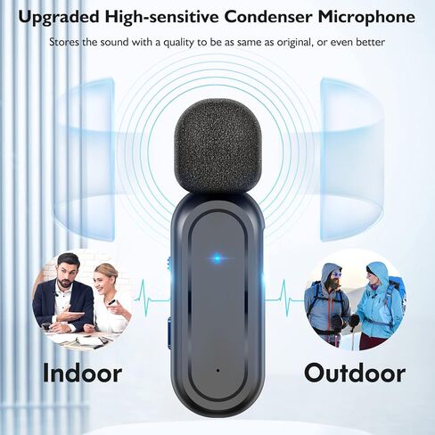 VEVARUN 2 حزمة من ميكروفون Lavalier اللاسلكي لجهاز iPhone iPad مع علبة شحن - مشبك 7H على ميكروفون طية صدر السترة لاسلكي لتسجيل الفيديو، يوتيوب، مقابلة، 3 أوضاع Denoise، 70 قدم in Kuwait