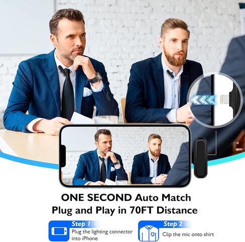 VEVARUN 2 حزمة من ميكروفون Lavalier اللاسلكي لجهاز iPhone iPad مع علبة شحن - مشبك 7H على ميكروفون طية صدر السترة لاسلكي لتسجيل الفيديو، يوتيوب، مقابلة، 3 أوضاع Denoise، 70 قدم in Kuwait