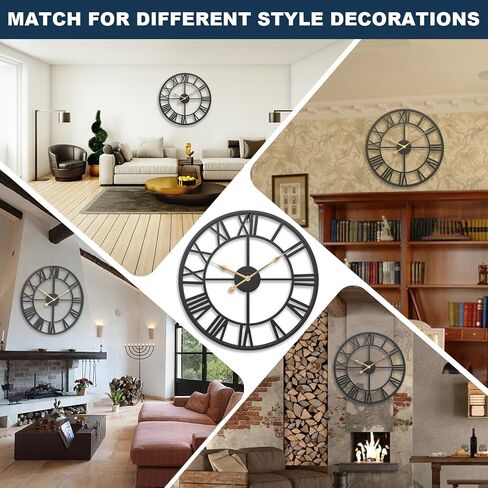 pytha البصر 30 بوصة اضافية كبيرة ساعة الحائط العملاقة، المتضخم جولة صامتة خمر الصناعية السوداء المعدنية مزرعة كبيرة ساعات الحائط الأرقام الرومانية لغرفة المعيشة والمطبخ وغرفة النوم ديكور المنزل in Kuwait