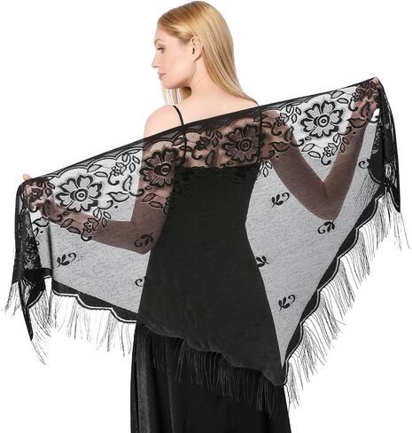 Sanmoury Women's Triangle Lace Shawls Wraps For Bride Wedding Floral Lightweight Fringe Scarf For Evening Party Dress in Saudi Arabia