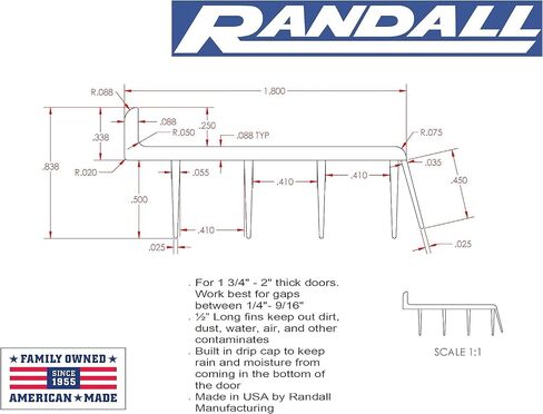 Randall Manufacturing Co., Inc | Vinyl Door Bottom | Vinyl Weatherstrip | 4 Feet Long | Brown | for 1 3/4" to 2" Thick Doors | Fits Gaps from 1/4" to 9/16" | Made in The USA in Saudi Arabia