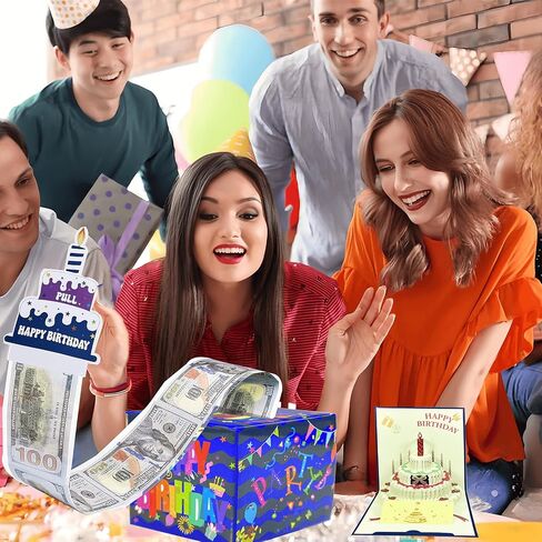 Surprise Money Box for Cash Gift and 3D Gift Cards, Birthday Money Box for Cash Gift for Kids Adults，Money Gift Boxes for Cash Pull with Money Holder for Money Roll and Bag-Blue in Saudi Arabia