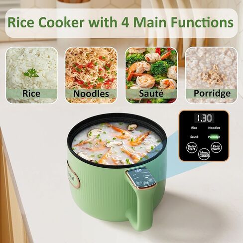 طباخ أرز صغير من تشاسيف، 2 كوب غير مطبوخ، 1.2 لتر جهاز طهي أرز صغير بتحكم ذكي مع النودلز، مقلي، وظائف العصيدة، طباخ أرز صغير مع طلاء غير لاصق، أساسيات غرفة النوم الجامعية، أخضر in Kuwait
