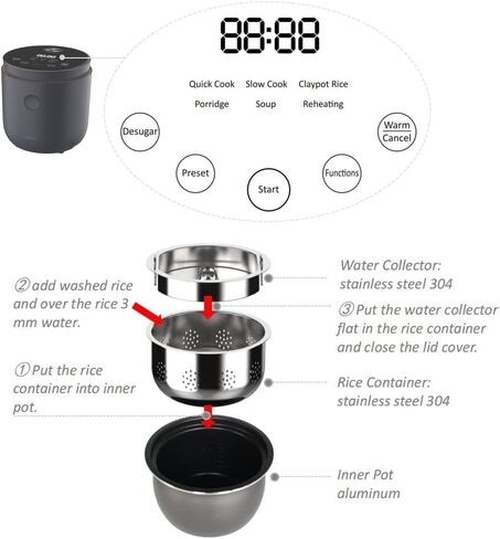 جهاز طبخ الأرز منخفض الكربوهيدرات: جهاز طبخ الأرز غير المطبوخ سعة 2 لتر، متعدد الوظائف، جهاز طبخ الأرز الصغير القابل للبرمجة رقميًا، 24 ساعة معدة مسبقًا، يحافظ على الدفء، صحي، بطانة غير لاصقة، فصل حساء الأرز in Kuwait