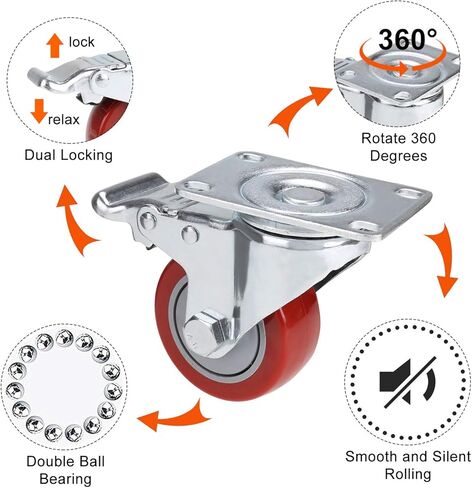 عجلات COOCHEER، عجلات شديدة التحمل مقاس 3 بوصات، تحميل 2000 رطل، عجلات تحمل قابلة للقفل مع فرامل، عجلات دوارة بلوحة علوية 360 درجة للأثاث ومنضدة العمل، مجموعة عجلات من 4، أحمر (مسامير مجانية) in Kuwait