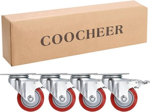 عجلات COOCHEER، عجلات شديدة التحمل مقاس 3 بوصات، تحميل 2000 رطل، عجلات تحمل قابلة للقفل مع فرامل، عجلات دوارة بلوحة علوية 360 درجة للأثاث ومنضدة العمل، مجموعة عجلات من 4، أحمر (مسامير مجانية) in Kuwait