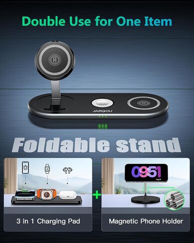 JARGOU 3 in 1 Charging Station for Apple Compatible with Magsafe Charger Stand, Foldable Charger 3 in 1 for Apple Charging Station for iPhone 15 14 13 12 Series, for iWatch, for AirPods in Saudi Arabia