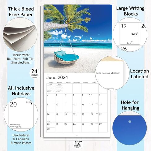 2024 Tropical Paradise Beaches Hangable Wall Calendar Monthly - Beautiful Scenic Nature Travel Ocean Beach Photography Photo Gift Organizing Planning in Saudi Arabia
