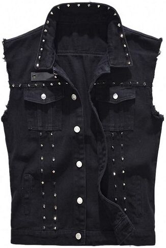 Mens Denim Vest Punk Rock Style Rivet Black Jeans Waistcoat Raw Edge Jacket in Saudi Arabia