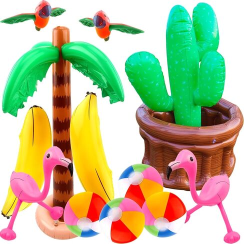 12 Pack Large Inflatable Palm Tree Cooler Palm Tree Blow up Flamingo Banana Beach Ball Parrot Beach Ball Toys for Tropical Hawaiian Summer Pool Party Decorations in Saudi Arabia