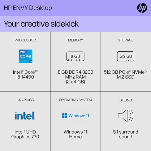 كمبيوتر مكتبي HP Envy، Intel Core i5-14400، ذاكرة الوصول العشوائي 8 جيجابايت، 512 جيجابايت SSD، Intel UHD Graphics 730، Windows 11 Home، TE01-5012 (2024) in Kuwait