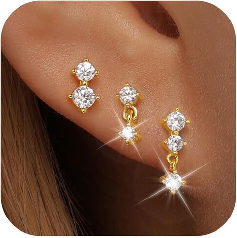 Gold Stud Earrings for Women, 14k Gold Plated Dainty Cartilage Earrings Set for Multiple Piercing Hypoallergenic Earrings Trendy for Women, 3 Pairs in Saudi Arabia