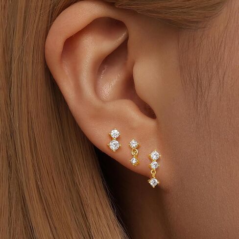 Gold Stud Earrings for Women, 14k Gold Plated Dainty Cartilage Earrings Set for Multiple Piercing Hypoallergenic Earrings Trendy for Women, 3 Pairs in Saudi Arabia