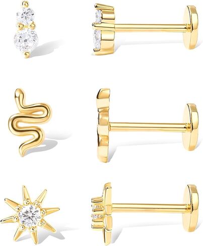 مجموعة من 3 أزواج من الأقراط المسطحة للنساء من COARVXA | أقراط ذهبية أنيقة بظهر مسطح | مجموعة حلق غضروف من الذهب عيار 14 قيراط | أقراط زيركون متعددة الثقب على شكل نجمة صغيرة على شكل ثعبان من الزركون هدايا لها in Kuwait