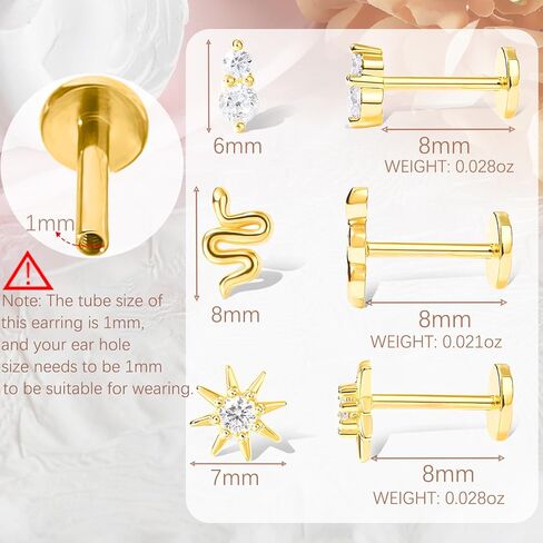 مجموعة من 3 أزواج من الأقراط المسطحة للنساء من COARVXA | أقراط ذهبية أنيقة بظهر مسطح | مجموعة حلق غضروف من الذهب عيار 14 قيراط | أقراط زيركون متعددة الثقب على شكل نجمة صغيرة على شكل ثعبان من الزركون هدايا لها in Kuwait