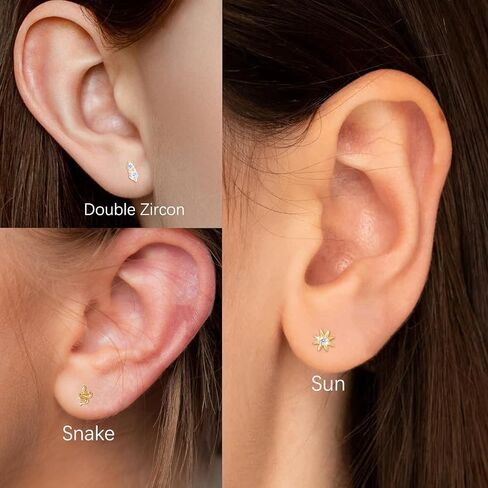 مجموعة من 3 أزواج من الأقراط المسطحة للنساء من COARVXA | أقراط ذهبية أنيقة بظهر مسطح | مجموعة حلق غضروف من الذهب عيار 14 قيراط | أقراط زيركون متعددة الثقب على شكل نجمة صغيرة على شكل ثعبان من الزركون هدايا لها in Kuwait