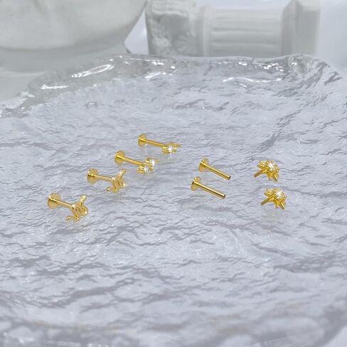 مجموعة من 3 أزواج من الأقراط المسطحة للنساء من COARVXA | أقراط ذهبية أنيقة بظهر مسطح | مجموعة حلق غضروف من الذهب عيار 14 قيراط | أقراط زيركون متعددة الثقب على شكل نجمة صغيرة على شكل ثعبان من الزركون هدايا لها in Kuwait