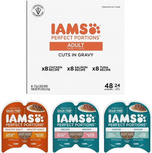 Iams Perfect Portions Wet Cat Food Cuts in Gravy, Chicken, Tuna, and Salmon Recipes, Easy Peel Twin-Pack Trays, Pack of 24 (48 Total Servings) in Saudi Arabia