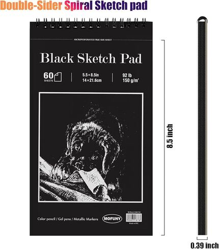 Black Sketch Drawing Paper Pad, 5.5x8.5 inches, 60 Sheets (92LB/150gsm) Heavyweight, Double-Sided Hard Cover, Spiral Bound, for Colored Pencil, Oil Pastel, Charcoal, Graphite, Gel Pen, Ink, Chalk in Saudi Arabia