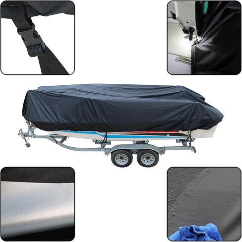 Waterproof Heavy Duty 210D Boat Cover Trailerable Fishing Ski Bass V-Hull Tri-Hull Runabouts Black in Saudi Arabia