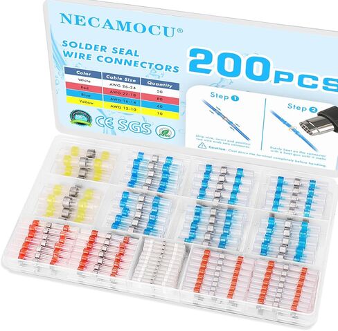 NECAMOCU 200 قطعة من موصلات أسلاك اللحام، مجموعة موصلات بعقب منكمشة بالحرارة من الدرجة البحرية، أطراف أسلاك كهربائية معزولة ومقاومة للماء، وصلة لحام لمفاصل أسلاك شاحنة القوارب in Kuwait