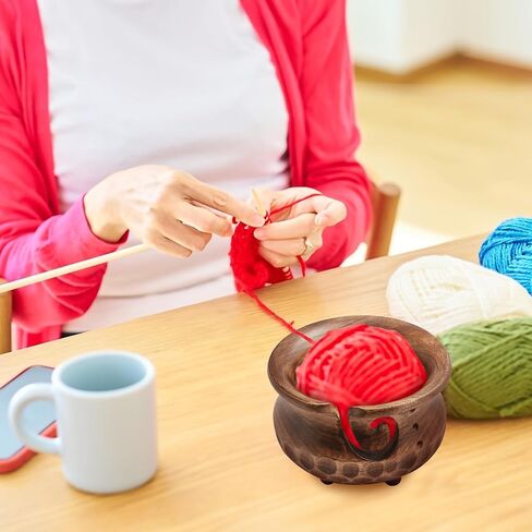 وعاء الغزل - أوعية غزل خشبية للكروشيه ذات ثقوب، تمنع الانزلاق والتشابك، وعاء حياكة مصنوع يدويًا هنديًا هدية عيد الأم لمحبي الحياكة - أبيض in Kuwait