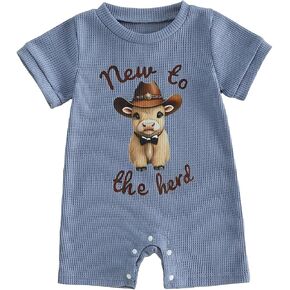 New to the Herd Western Baby Girl Boy Clothes Summer Cow Print Romper Waffle Bodysuit Cute Newborn Going Home Outfit in Saudi Arabia