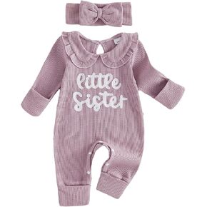Newborn Baby Girl Fall Outfit Romper Jumpsuit Infant Waffle Clothes | Letter Embroidery Cute Long Sleeve Round Neck Bodysuit in Saudi Arabia