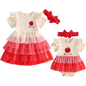 Kid Toddler Girl Back to School Clothes Apple Pen Preschool Romper Dress/Tutu Dresses Lace Sister Matching Outfit in Kuwait