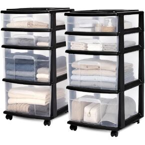 HOMZ Drawer Tower, 4-Tier Clear Plastic Storage Organizer Cart, White Frame - Rolling Drawers with Wheels for Desk, Dresser, Cabinet, Bedroom, Bathroom, Classroom, and Office Organization in Saudi Arabia