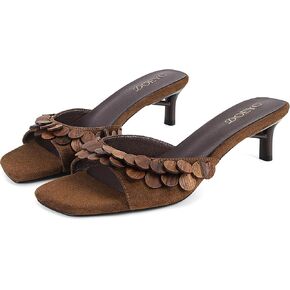 DOEYG Suede Kitten Heels Sandals for Women Slide Sandals Dressy Comfortable Square Open Toe Summer Slip on Mule heels Heeled Sandal with Ornamental Wooden Detail in Saudi Arabia