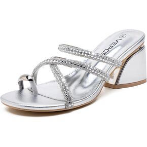 Vepose Women's Sparkly Strappy Block Heel Sandals, Open Toe Dressy Heels | Rhinestone square toe slip on heels, cushioned memory foam footbed, 3 inch lift, easy slide for casual plans and events in Kuwait