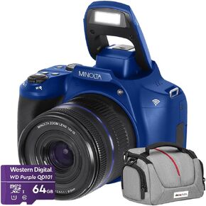 Minolta 64MP Auto Focus Digital Camera 10x Optical Zoom 4K Ultra HD Video Blue MNB10Z-BL Bundle with Deco Photo Camera Bag for DSLR and Mirrorless Cameras and Western Digital 64GB microSD Card in Kuwait