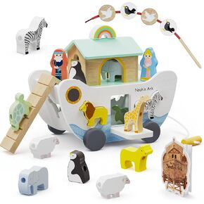 GiggleGems Noah's Ark Wooden Toy - All-in-1 Push Pull Shape Sorter for Toddlers - Montessori Animal Matching Set - Baptism Christening Gift for Birthday, Religious Toys for Boys Girls (18M+) in Saudi Arabia
