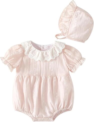 Baby Girl Bubble Romper Ruffle Lace Peter Pan Collar Puff Sleeve Bodysuit with Bonnet Baby Cute Summer Outfits in Kuwait