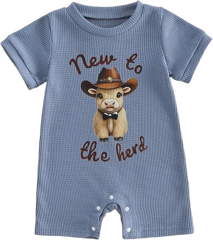 New to the Herd Western Baby Girl Boy Clothes Summer Cow Print Romper Waffle Bodysuit Cute Newborn Going Home Outfit in Kuwait