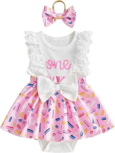 Baby Girl 1st Birthday Outfit One Year Old Romper Dress Lace Ruffle Sleeveless Bodysuit Headband Cake Smash Photo Shoot (White & Pink, 9-12 Months) in Kuwait