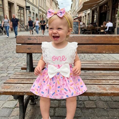 Baby Girl 1st Birthday Outfit One Year Old Romper Dress Lace Ruffle Sleeveless Bodysuit Headband Cake Smash Photo Shoot (White & Pink, 9-12 Months) in Kuwait