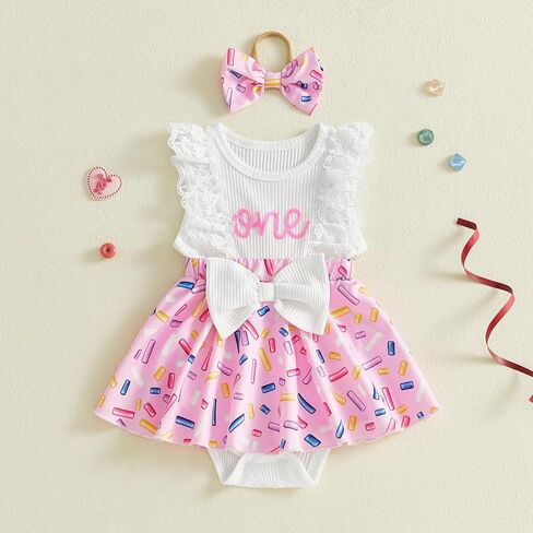 Baby Girl 1st Birthday Outfit One Year Old Romper Dress Lace Ruffle Sleeveless Bodysuit Headband Cake Smash Photo Shoot (White & Pink, 9-12 Months) in Kuwait