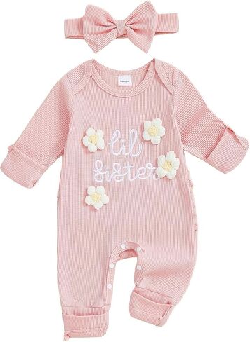 Honganda Newborn Girl Clothes Baby Girl Coming Home Outfit Long Sleeve Little Sister Jumpsuit Lil Sis Romper with Headband in Kuwait