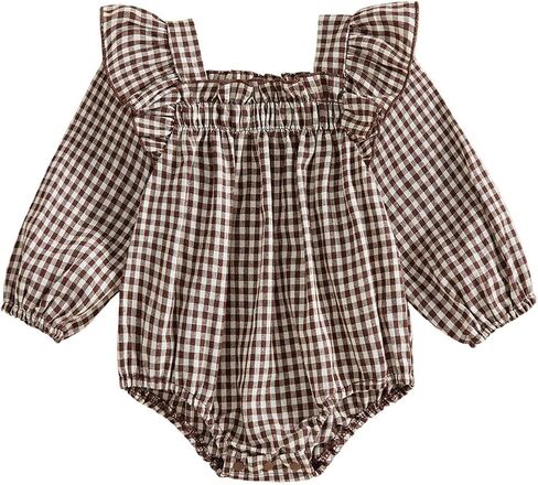 Infant Baby Girl Fall Clothes Gingham Ruffle Long Sleeve Smocked Romper | Newborn Baby Girl Clothes Infant Gingham Ruffle Long Sleeve Smocked Bubble Romper Square Neck Jumpsuit Bodysuit Fall Outfit in Kuwait