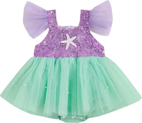 Infant Baby Girl Purple Mermaid Romper Dress Fly Sleeve Square Neck Sequins Fish Scales Summer Jumpsuit in Kuwait