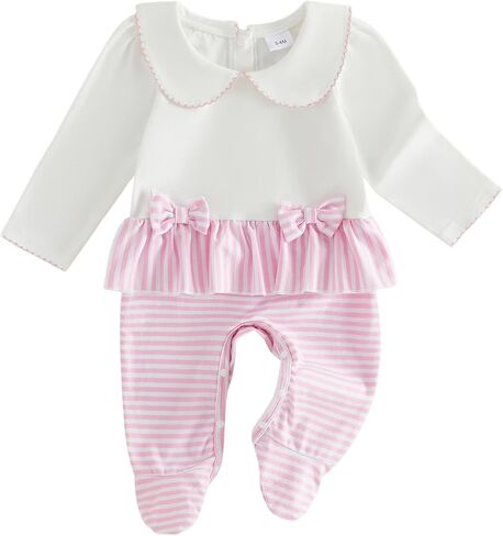Preemie Baby Girl Clothes Bow Stripe Footie Romper Ruffle Onesie Doll Collar Jumpsuit Newborn Fall Coming Home Outfit in Kuwait